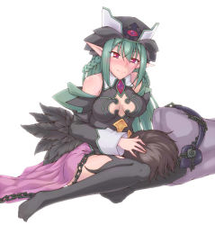 Rule 34 | 1boy, 1girl, aqua hair, bare shoulders, blush, braid, breasts, chain, cleavage cutout, clothing cutout, dark priest, dark priest sasha, demon girl, demon tail, feathers, green hair, hat, lap pillow, long hair, medium breasts, monster girl, monster girl encyclopedia, monster girl encyclopedia world guide i: fallen maidens, nad avalanche, nun, pointy ears, red eyes, sasha fullmoon, shiramine nadare, sitting, smile, tail, thighhighs