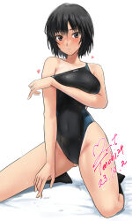 Rule 34 | 1girl, amagami, black hair, black one-piece swimsuit, black socks, bob cut, brown eyes, clothes pull, competition swimsuit, dated, highleg, highleg swimsuit, highres, kneeling, nanasaki ai, one-piece swimsuit, one-piece swimsuit pull, one-piece tan, short hair, signature, simple background, socks, solo, swimsuit, tan, tanline, two-tone swimsuit, white background, yoo tenchi