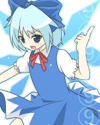 Rule 34 | circled 9, 1girl, blue bow, blue dress, blue hair, bow, cirno, dress, female focus, hair bow, ice, ice wings, index finger raised, looking at viewer, phantasmagoria of flower view, pointing, puffy short sleeves, puffy sleeves, short hair, short sleeves, solo, soumendaze, touhou, wings