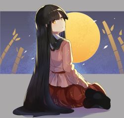 Rule 34 | 1girl, bamboo, black footwear, black hair, blush, commentary request, falken (yutozin), frilled shirt collar, frills, from behind, full moon, grey background, houraisan kaguya, long hair, long sleeves, looking back, moon, no shoes, one-hour drawing challenge, parted lips, pink shirt, red sash, red skirt, sash, shadow, shirt, sitting, skirt, solo, touhou, very long hair, wide sleeves, yellow eyes