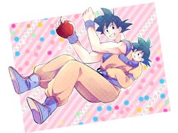 Rule 34 | 2boys, apple, black eyes, black hair, boots, child, dougi, dragon ball, dragonball z, father and son, food, fruit, hug, long sleeves, looking at another, looking back, male focus, multicolored background, multiple boys, one eye closed, open mouth, pink background, rochiko (bgl6751010), short hair, smile, son goku, son goten, spiked hair, white background, wristband