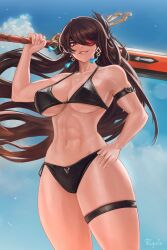 Rule 34 | 1girl, abs, absurdres, alternate costume, arm strap, beidou (genshin impact), bikini, black bikini, black hair, blackcliff slasher (genshin impact), blue sky, breasts, cleavage, cloud, collarbone, colored eyepatch, commentary, earrings, english commentary, eyepatch, gatery, genshin impact, hair ornament, hair over one eye, hair stick, hand on own hip, highres, holding, holding sword, holding weapon, jewelry, large breasts, long hair, looking at viewer, navel, one eye covered, outdoors, over shoulder, red eyes, signature, sky, smile, solo, stomach, swimsuit, sword, sword over shoulder, tassel, tassel hair ornament, thigh strap, toned female, very long hair, weapon, weapon over shoulder
