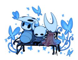 Rule 34 | 1boy, 1girl, 1other, bench, blue butterfly, bug, butterfly, cloak, commentary, full body, glowing, grey cloak, hollow eyes, hollow knight, hornet (hollow knight), horns, bug, knight (hollow knight), mask, quirrel, red cloak, resting, simple background, sitting, ugly cat, weapon, white background