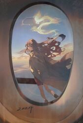 Rule 34 | 1girl, 2024, aircraft, airplane, highres, lab coat, long hair, looking back, nocco saz, original, solo, standing, window