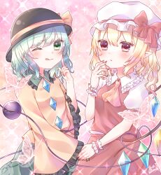 Rule 34 | 2girls, ;q, absurdres, ascot, back cutout, black headwear, blonde hair, blouse, blush, bow, breasts, clothing cutout, cowboy shot, flandre scarlet, floral print, frilled shirt collar, frilled sleeves, frills, green eyes, green hair, green nails, green skirt, hair between eyes, hat, hat bow, hat ribbon, heart, heart of string, highres, holding hands, komeiji koishi, long sleeves, looking at viewer, medium hair, mob cap, multicolored wings, multiple girls, nail polish, one eye closed, one side up, pink background, pointing, pointing at self, pointy ears, print skirt, puffy short sleeves, puffy sleeves, red bow, red eyes, red nails, red ribbon, red skirt, red vest, ribbon, rose print, shirt, short sleeves, skirt, skirt set, sleeve ribbon, small breasts, third eye, tongue, tongue out, touhou, transparent butterfly, vest, white headwear, white shirt, wide sleeves, wings, wrist cuffs, yellow ascot, yellow bow, yellow ribbon, yellow shirt, yuu (ayatakasan)