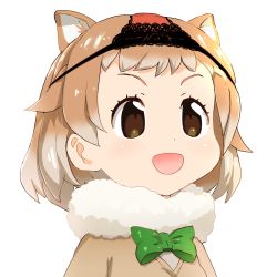 Rule 34 | 10s, 1girl, :d, animal ears, black-tailed prairie dog (kemono friends), black panties, blush, bow, bowtie, brown eyes, commentary request, dog ears, fur collar, green bow, kemono friends, light brown hair, multicolored hair, mushi gyouza, object on head, open mouth, panties, panties on head, portrait, red panties, short hair, simple background, smile, solo, sweater vest, thong, two-tone hair, underwear, upper body, white background