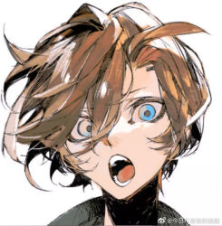 Rule 34 | 1boy, asymmetrical bangs, black shirt, blue eyes, brown hair, bungou stray dogs, chinese commentary, commentary request, cui (jidanhaidaitang), looking at viewer, male focus, nakahara chuuya, open mouth, portrait, shirt, short hair, simple background, solo, teeth, watermark, weibo logo, weibo watermark, white background