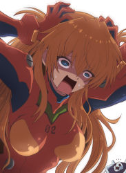 Rule 34 | 1girl, 1other, angel (evangelion), blue eyes, bodysuit, breasts, breasts apart, brown hair, fujitaka nasu, hair between eyes, highres, long hair, meme, neon genesis evangelion, notice lines, open mouth, plugsuit, red bodysuit, shaded face, simple background, small breasts, solo, souryuu asuka langley, sweat, twintails, two side up, upper body, what, white background, zeruel (evangelion)