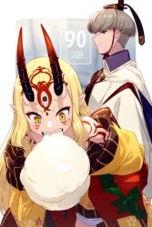 Rule 34 | 1boy, 1girl, black eyes, blonde hair, bowl cut, commentary request, eating, echo (circa), eyeliner, facial mark, fate/grand order, fate (series), food, food request, forehead mark, grey hair, heian, horns, ibaraki douji (fate), igote, japanese clothes, kimono, long hair, looking at another, makeup, off shoulder, oni, oni horns, pointy ears, tattoo, teeth, watanabe no tsuna (fate), yellow eyes, yellow kimono