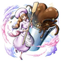 Rule 34 | 1girl, breasts, brown eyes, brown hair, charlotte pudding, chef hat, chocolate, earrings, full body, hat, jewelry, large breasts, long hair, looking at viewer, official art, one piece, one piece: bounty rush, open mouth, oversized object, smile, solo, standing, twintails