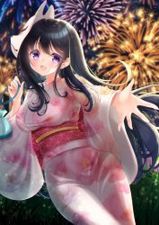 Rule 34 | 1girl, :d, aerial fireworks, black hair, blurry, blurry background, blush, breasts, commentary request, depth of field, fireworks, floral print, fox mask, highres, holding, japanese clothes, kimono, kinchaku, long hair, long sleeves, looking at viewer, mask, mask on head, medium breasts, mirai (happy-floral), night, obi, open mouth, original, outdoors, outstretched arm, pink kimono, pouch, print kimono, purple eyes, sash, smile, solo, very long hair, wide sleeves, yukata