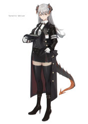 Rule 34 | 1girl, absurdres, arknights, bandage on face, bandages, bandaid, bandaid on face, bandaid on nose, black coat, black footwear, black hat, black necktie, black skirt, black thighhighs, boots, chinese commentary, cjmy, closed mouth, coat, collared shirt, commentary request, dragon horns, dragon tail, earrings, english text, expressionless, full body, gloves, hand on own hip, hat, high heel boots, high heels, highres, holding, holding clothes, holding hat, horns, id card, jewelry, long hair, long sleeves, looking at viewer, necktie, open clothes, open coat, orange eyes, police hat, saria (arknights), shirt, silver hair, simple background, skirt, sleeves past wrists, solo, standing, tail, thighhighs, unworn hat, unworn headwear, waistcoat, white background, white gloves, white shirt, zettai ryouiki