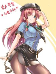 Rule 34 | 1girl, bad id, bad twitter id, baton (weapon), blue eyes, blush stickers, braid, breasts, contemporary, cuffs, handcuffs, hat, hong meiling, impossible clothes, impossible shirt, large breasts, long hair, miniskirt, monety, necktie, one eye closed, pantyhose, pencil skirt, police, police uniform, policewoman, red hair, salute, shirt, side slit, skirt, sleeves rolled up, smile, solo, touhou, translated, twin braids, uniform, weapon, wink