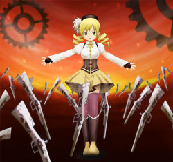 Rule 34 | 1girl, beret, blonde hair, boots, corset, detached sleeves, drill hair, fate/stay night, fate (series), field of blades, fingerless gloves, fuuma nagi, gears, gloves, gun, hair ornament, hairpin, hat, long hair, magical girl, magical musket, mahou shoujo madoka magica, mahou shoujo madoka magica (anime), md5 mismatch, orange background, parody, pleated skirt, puffy sleeves, rifle, skirt, solo, striped clothes, striped thighhighs, thighhighs, tomoe mami, twin drills, twintails, unlimited blade works (fate), vertical-striped clothes, vertical-striped thighhighs, weapon, yellow eyes, yellow skirt, zettai ryouiki
