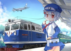 Rule 34 | 1girl, aircraft, airplane, albino, bag, building, china railway girl, day, hair ornament, hat, locomotive, looking at viewer, original, parted lips, pleated skirt, red eyes, saru, short hair, shoulder bag, skirt, sky, solo, star (symbol), star hair ornament, train, train station, vehicle focus, whistle, white hair