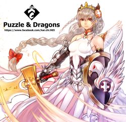 Rule 34 | 1girl, brooch, dress, earrings, gauntlets, highres, jewelry, k.c, light valkyrie (p&amp;d), puzzle &amp; dragons, red eyes, shield, silver hair, solo, sword, valkyrie (p&amp;d), weapon