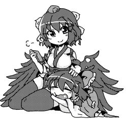 Rule 34 | 2girls, bad id, bad pixiv id, closed eyes, greyscale, hair ribbon, hair tubes, hakurei reimu, hand on another&#039;s head, hat, lap pillow, monochrome, multiple girls, odochi (1or8), outstretched arms, pom pom (clothes), ribbon, shameimaru aya, smile, touhou, wings
