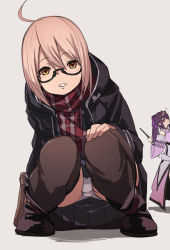 Rule 34 | ahoge, artoria pendragon (fate), blonde hair, blush, boots, bow, detached sleeves, fate/grand order, fate (series), fu-ta, glasses, grey background, mysterious heroine x alter (fate), mysterious heroine x alter (first ascension) (fate), panties, pantyshot, plaid, plaid scarf, purple hair, scarf, scathach (fate), scathach skadi (fate), semi-rimless eyewear, skirt, thighhighs, underwear, white panties, yellow eyes