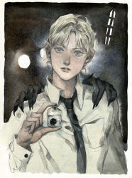 Rule 34 | 1girl, blonde hair, blue eyes, bottle, breadmonster, collared shirt, darkness, hand up, hands on shoulders, holding, horror (theme), looking at viewer, necktie, original, painting (medium), parted bangs, parted lips, shirt, traditional media, updo, watercolor (medium)