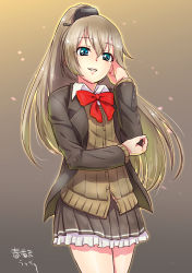 Rule 34 | 10s, 1girl, artist name, blazer, blue eyes, bow, bowtie, brown background, brown hair, brown skirt, cardigan, elbow rest, gradient background, hair ornament, hairclip, jacket, kantai collection, kumano (kancolle), long hair, looking at viewer, parted lips, ponytail, red bow, red bowtie, school uniform, shungikuten, skirt, solo, standing, underskirt