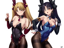 Rule 34 | 2girls, ;o, alternate costume, animal ears, armlet, armpits, black hair, black leotard, black nails, black ribbon, blonde hair, blue leotard, blue necktie, blush, breasts, bridal gauntlets, bright pupils, brown eyes, brown pantyhose, cleavage, clenched hand, closed mouth, collarbone, contrapposto, covered navel, cowboy shot, detached collar, detached sleeves, earrings, ereshkigal (fate), fake animal ears, fate/grand order, fate (series), fingernails, frilled leotard, frills, gold trim, hair ribbon, hand on own hip, hands up, head tilt, highleg, highleg leotard, highres, hoop earrings, ishtar (fate), jewelry, kurozawa yui, leaning forward, leotard, long fingernails, long hair, looking at viewer, medium breasts, multiple girls, nail polish, necktie, one eye closed, open mouth, orange eyes, pantyhose, parted bangs, playboy bunny, rabbit ears, red necktie, red ribbon, ribbon, shiny clothes, short necktie, siblings, sideboob, signature, simple background, sisters, skull, skull ornament, slit pupils, standing, straight hair, strapless, strapless leotard, taut clothes, teeth, thighband pantyhose, thighs, two side up, upper teeth only, white background, white pupils, wrist cuffs