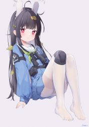 Rule 34 | 1girl, ahoge, ammunition pouch, animal ears, binoculars, black hair, blue archive, blue serafuku, blue skirt, bright pupils, closed mouth, commentary, eru daydream, feet, fine fabric emphasis, full body, grey background, halo, highres, knee pads, leaf, long sleeves, looking at viewer, messy hair, miyu (blue archive), panties, panties under pantyhose, pantyhose, patch, pleated skirt, pouch, print panties, rabbit ears, red eyes, school uniform, serafuku, sidelocks, simple background, single knee pad, sitting, skirt, sleeves past wrists, solo, symbol-only commentary, tearing up, thighband pantyhose, toes, twitter username, underwear, wavy mouth, white pantyhose, white pupils, yellow panties