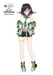 Rule 34 | 1girl, bare shoulders, black-framed eyewear, black hair, black shorts, blush, braid, breasts, character request, closed mouth, commentary request, copyright notice, full body, glasses, green footwear, green necktie, hair over one eye, headphones, headphones around neck, heart, heart hands, jacket, komori kuzuyu, long sleeves, looking at viewer, medium breasts, multicolored hair, nail polish, necktie, off shoulder, official art, open clothes, open jacket, puffy long sleeves, puffy sleeves, purple eyes, purple hair, purple nails, semi-rimless eyewear, shirt, shoes, short hair, short shorts, shorts, simple background, skindentation, sleeveless, sleeveless shirt, solo, standing, station memories, streaked hair, under-rim eyewear, white background, white jacket, white shirt
