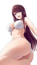 Rule 34 | 1girl, :d, absurdres, ass, bare arms, bare legs, bikini, breasts, brown hair, cleavage, commentary, female focus, highres, large breasts, long hair, looking at viewer, marui koishi, navel, open mouth, original, purple eyes, sidelocks, simple background, smile, solo, swimsuit, teeth, thighs, twisted torso, upper teeth only, white background