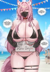 Rule 34 | 1boy, 2girls, absurdres, animal ear fluff, animal ears, arknights, beach, bikini, black bikini, black gloves, blurry, blurry background, breasts, cameltoe, cleavage, commentary request, day, elbow gloves, english text, gloves, gluteal fold, highres, holding, holding sign, kanta (kanta 077), large breasts, long hair, mask, mouth mask, multiple girls, outdoors, pink eyes, pink hair, pozyomka (arknights), sign, speech bubble, standing, swimsuit, wolf ears, wolf girl