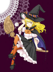 Rule 34 | 1girl, alternate costume, ankle lace-up, blonde hair, broom, broom riding, candy, cape, cross-laced footwear, doily, female focus, food, hat, hat ribbon, kirisame marisa, lollipop, long hair, ma-hain-scarlet, one eye closed, orange pantyhose, pantyhose, ribbon, skirt, smile, solo, touhou, wink, witch hat, yellow eyes