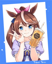 Rule 34 | 1girl, animal ears, blue eyes, bow, brown hair, character name, collarbone, cup, disposable cup, drinking straw, english text, hair bow, hamao, highres, holding, holding cup, horse ears, horse girl, looking at viewer, pink bow, pink shirt, ponytail, school uniform, shirt, smile, solo, tokai teio (umamusume), tracen school uniform, umamusume, upper body, v