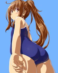 Rule 34 | 1girl, ass, blue background, blue one-piece swimsuit, blush, brown eyes, brown hair, commentary, competition school swimsuit, dd (ijigendd), flat chest, fumizuki (kancolle), head tilt, highres, kantai collection, long hair, o3o, one-piece swimsuit, ponytail, school swimsuit, simple background, solo, swimsuit
