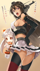 Rule 34 | 10s, 2girls, abyssal ship, ass, black gloves, black hair, blush, breasts, candy, colored skin, dress, elbow gloves, fingerless gloves, food, gloves, headgear, horns, kabocha, kabocha (monkey4), kantai collection, lollipop, long hair, looking at viewer, medium breasts, mittens, multiple girls, nagato (kancolle), northern ocean princess, open mouth, pale skin, panties, red eyes, red gloves, red legwear, sideboob, skirt, take it home, thighhighs, underwear, white hair, white panties, white skin