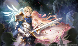 Rule 34 | 1boy, 1girl, absurdres, apple caramel, armor, blonde hair, blue cape, cape, company name, copyright name, crossed arms, crown, dimensional princess, dress, frilled dress, frills, gauntlets, goblin, highres, holding, holding sword, holding weapon, jewelry, long hair, necklace, night, official art, open mouth, outdoors, petals, ruins, sword, tree, watermark, weapon