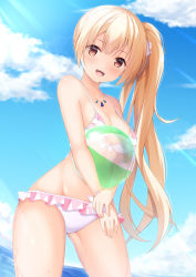Rule 34 | 1girl, 7fuji 06, :d, ball, bare legs, beachball, bikini, blonde hair, blue sky, breasts, brown eyes, cleavage, cloud, day, frilled bikini, frills, gluteal fold, hair ornament, hair scrunchie, highres, holding, holding ball, holding beachball, jewelry, long hair, looking at viewer, medium breasts, necklace, ocean, open mouth, outdoors, scrunchie, shirley warwick, side ponytail, sky, smile, solo, standing, stomach, sunlight, swimsuit, thighs, wet, white bikini, yuzu-soft