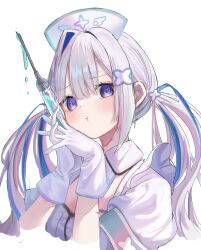 Rule 34 | 1girl, :t, amane kanata, amane kanata (nurse), blue hair, blush, commentary request, frills, gloves, grey hair, hat, heart, heart in eye, highres, holding, holding syringe, hololive, long hair, looking at viewer, multicolored hair, nurse, nurse cap, official alternate hair length, official alternate hairstyle, own hands together, pout, purple eyes, short sleeves, simple background, single hair intake, solo, streaked hair, symbol in eye, syringe, tefu ekaki, twintails, upper body, virtual youtuber, white background, white gloves