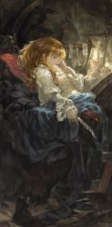 Rule 34 | 1girl, alcd, artist name, blonde hair, book, candle, cat, dated, desk, frills, highres, long hair, open mouth, orange eyes, pixiv fantasia, pixiv fantasia sword regalia, profile, quill, sitting, skirt, solo, yellow eyes