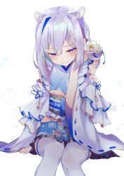 1girl absurdres amane_kanata amane_kanata_(new_year) animal_ears blue_hair braid detached_sleeves flower hair_flower hair_ornament hairclip hamster_ears highres hololive japanese_clothes kimono multicolored_hair obi purple_eyes sash silver_hair simple_background single_hair_intake sitting smile solo streaked_hair thighhighs virtual_youtuber white_background yakurope-moko zettai_ryouiki