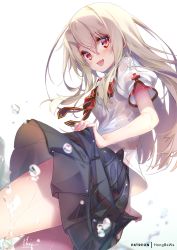 Rule 34 | 1girl, :d, black skirt, blonde hair, breasts, fate/kaleid liner prisma illya, fate (series), hair between eyes, homurahara academy school uniform, hong (white spider), illyasviel von einzbern, long hair, looking at viewer, neck ribbon, open mouth, patreon username, pleated sleeves, puffy short sleeves, puffy sleeves, red eyes, red ribbon, ribbon, school uniform, see-through, shirt, short sleeves, sidelocks, signature, simple background, skirt, skirt hold, small breasts, smile, solo, thighs, water drop, wet, wet clothes, white background, white shirt