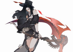 Rule 34 | 1other, absurdres, androgynous, ascot, asymmetrical gloves, asymmetrical sleeves, bare shoulders, black gloves, black hair, collar, cy lovekent, fingerless gloves, gloves, guilty gear, guilty gear strive, hat, highres, holding, holding scythe, long hair, long sleeves, looking at viewer, other focus, red eyes, scythe, skull, studded collar, testament (guilty gear), top hat, white ascot