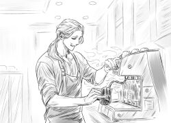 Rule 34 | 1boy, alternate hairstyle, apron, barista, boku no hero academia, cafe, coffee pot, cup, facial hair, holding, holding cup, long hair, long sleeves, monochrome, mug, mustache, papaya69305755, parted lips, ponytail, pouring, present mic, smile, solo, steam, upper body, white background