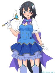 Rule 34 | 1girl, :d, absurdres, alternate costume, black hair, blue shirt, blue skirt, blush, cowboy shot, garter straps, gloves, hair ornament, head wings, highres, kemono friends, looking at viewer, magical girl, medium hair, open mouth, puffy short sleeves, puffy sleeves, shiraha maru, shirt, short sleeves, simple background, skirt, smile, solo, superb bird-of-paradise (kemono friends), tail, thighhighs, twitter username, underskirt, wand, white background, white gloves, wings
