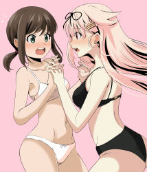 Rule 34 | 10s, 2girls, ass, back, bare arms, bare back, bare legs, bare shoulders, black bra, black panties, blonde hair, blush, bra, breasts, brown hair, collarbone, ear blush, embarrassed, eye contact, female focus, fubuki (kancolle), green eyes, hair flaps, hair ornament, hair ribbon, hairclip, highres, holding hands, interlocked fingers, kantai collection, legs, lingerie, long hair, looking at another, midriff, multiple girls, navel, neck, okuba, open mouth, panties, pink background, ponytail, red eyes, ribbon, round teeth, shy, simple background, small breasts, sweatdrop, teeth, underwear, underwear only, white bra, white panties, yuri, yuudachi (kancolle)