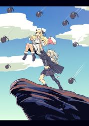 Rule 34 | 2girls, ahoge, animal ears, blonde hair, blue sky, cape, cliff, cloud, commentary request, day, earclip, explosive, grenade, highres, holding up, hololive, horns, lifting person, lion ears, lion girl, long hair, midriff, multiple girls, navel, outdoors, parody, sheep girl, sheep horns, shibe362, shishiro botan, shishiro botan (1st costume), silver hair, sky, the lion king, tsunomaki watame, tsunomaki watame (1st costume), very long hair, virtual youtuber