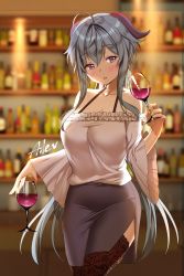 Rule 34 | 1girl, ahoge, aile (crossroads), alcohol, artist name, black thighhighs, blue hair, blue skirt, blush, breasts, cleavage, cowboy shot, cup, drinking glass, ganyu (genshin impact), genshin impact, highres, holding, holding cup, horns, large breasts, long hair, looking at viewer, parted lips, purple eyes, sidelocks, skirt, solo, thighhighs, wide sleeves, wine, wine glass