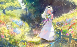 Rule 34 | 1girl, absurdres, arm at side, bare shoulders, black ribbon, blue flower, bouquet, bow, bridal veil, bride, closed mouth, commentary request, day, dolphin hair ornament, dress, elbow gloves, fence, flower, gloves, grass, green eyes, grey hair, hair between eyes, hair ornament, hair ribbon, haku89, hand up, highres, holding, holding bouquet, long dress, medium hair, nature, original, outdoors, pink flower, purple bow, purple flower, purple ribbon, red flower, ribbon, scenery, sidelighting, signature, smile, solo, standing, sunlight, tree, veil, wedding dress, white dress, white gloves, wide shot, x hair ornament