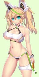 Rule 34 | 1girl, aqua eyes, aqua hair, asamura hiori, bare shoulders, bikini, bikini top only, blonde hair, bracelet, breasts, cleavage, cleavage cutout, closed mouth, clothing cutout, collarbone, contrapposto, covered erect nipples, eyelashes, gene (pso2), gluteal fold, green background, green hair, hair between eyes, headgear, highres, jewelry, large breasts, looking at viewer, md5 mismatch, multicolored hair, navel, phantasy star, phantasy star online 2, resolution mismatch, shiny skin, simple background, smile, solo, source larger, standing, stomach, streaked hair, swimsuit, thigh strap, twintails, white bikini