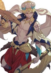 Rule 34 | 1boy, arabian clothes, bare pectorals, blonde hair, cape, cowboy shot, cropped vest, earrings, fate/grand order, fate (series), galbi (iouytuuyio), gilgamesh, gilgamesh (caster) (fate), gilgamesh (fate), gloves, highres, holding, holding weapon, jewelry, looking away, male focus, pectorals, popped collar, red eyes, simple background, single glove, solo, turban, vest, weapon, white background