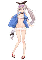 Rule 34 | 1girl, 9a-91 (girls&#039; frontline), absurdres, bare legs, bikini, bikini skirt, black bikini, black bow, black choker, black ribbon, blue eyes, blue jacket, blush, bow, breasts, choker, cleavage, closed mouth, clothing cutout, collarbone, expressionless, eyewear on head, full body, girls&#039; frontline, grey-framed eyewear, hair bow, hair ornament, hair ribbon, hairclip, high ponytail, highres, ivan wang, jacket, long hair, looking at viewer, medium breasts, navel, open clothes, open jacket, pink-tinted eyewear, red footwear, ribbon, ribbon-trimmed sleeves, ribbon trim, sandals, see-through, short sleeves, shoulder cutout, sidelocks, silver hair, simple background, solo, standing, stomach, sunglasses, sunglasses on head, swimsuit, tinted eyewear, undressing, v-shaped eyebrows, very long hair, white background