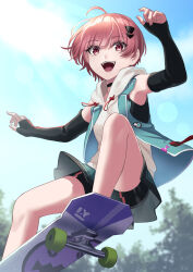 Rule 34 | 1girl, absurdres, bike shorts, character request, check character, choker, day, elbow gloves, fingerless gloves, gloves, hair ornament, heaven burns red, highres, hood, hooded vest, hoodie, jumping, matsuoka chiroru, nil (pixiv 53614557), ollie (skateboarding), open mouth, outdoors, pink eyes, pink hair, short hair, skateboard, skateboarding, skirt, sky, smile, solo, vest